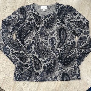 Charter Club Paisley Print Gray and Navy 2-Ply 100% Cashmere Sweater. Size SP